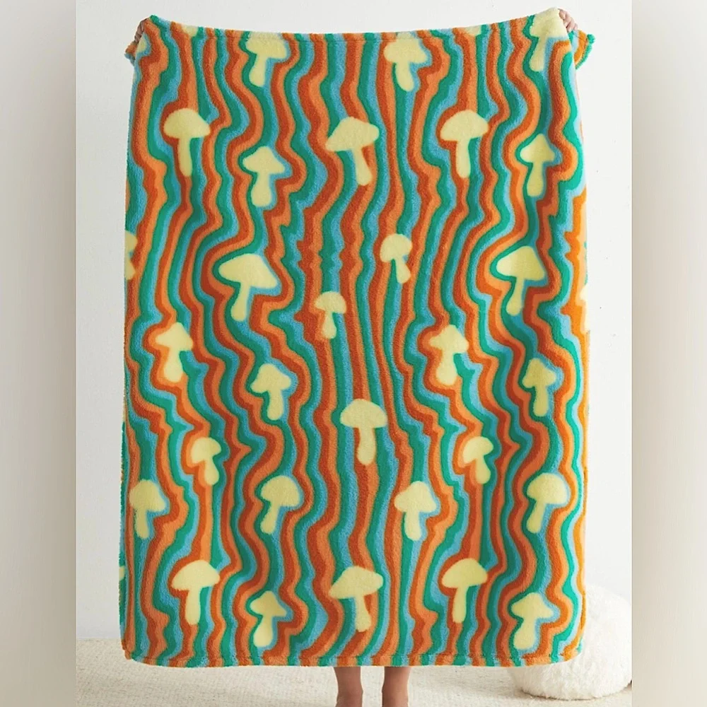 UO Mushroom Printed Plush Throw Blanket One Size